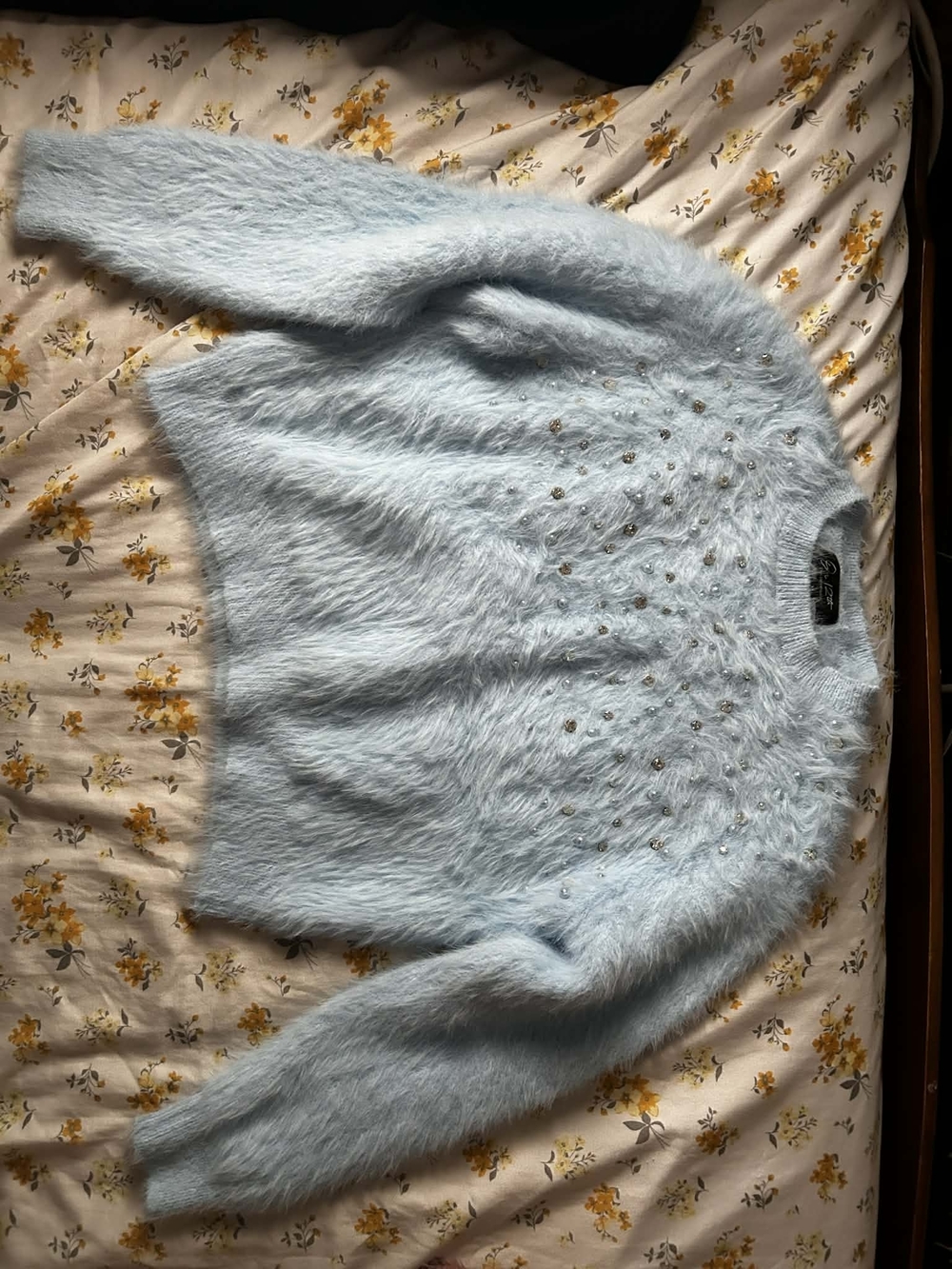 Fuzzy Embellished Light Blue Women’s Sweater